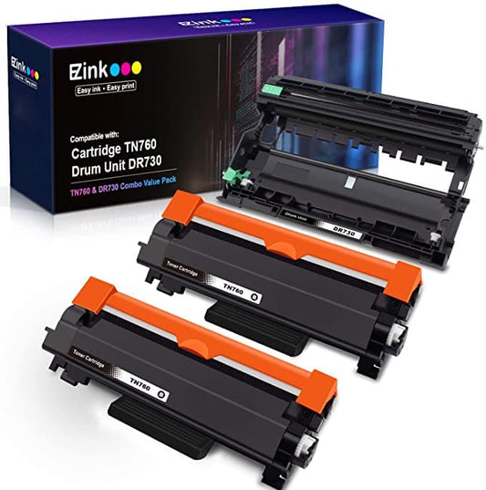 Compatible Toner Cartridge and Drum Unit Brother TN760 TN730 DR730 2 Toner Cartridge, 1 Drum Unit E-Z Ink