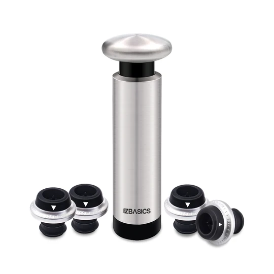 EZBASICS Wine Saver Vacuum Pump with 4 Wine Bottle Stoppers, Stainless Steel ezbasics