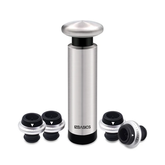 EZBASICS Wine Saver Vacuum Pump with 4 Wine Bottle Stoppers, Stainless Steel ezbasics