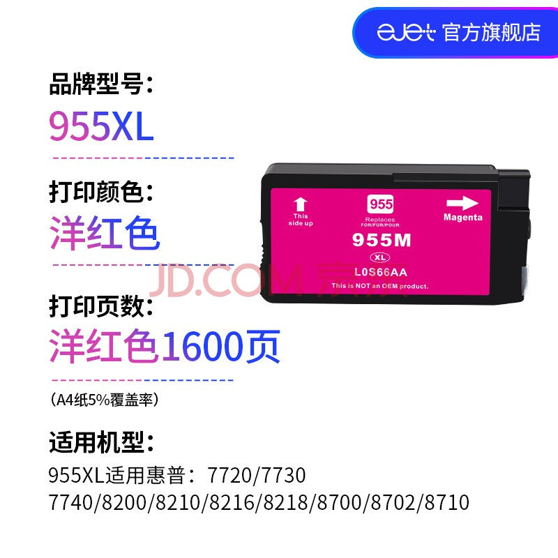ejet适用惠普7740 8210 7720 8725 8730 8740打印机 955xl墨盒黑色 955XL墨盒红色（单支装） eik-test