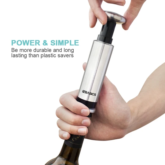 EZBASICS Wine Saver Vacuum Pump with 4 Wine Bottle Stoppers, Stainless Steel ezbasics