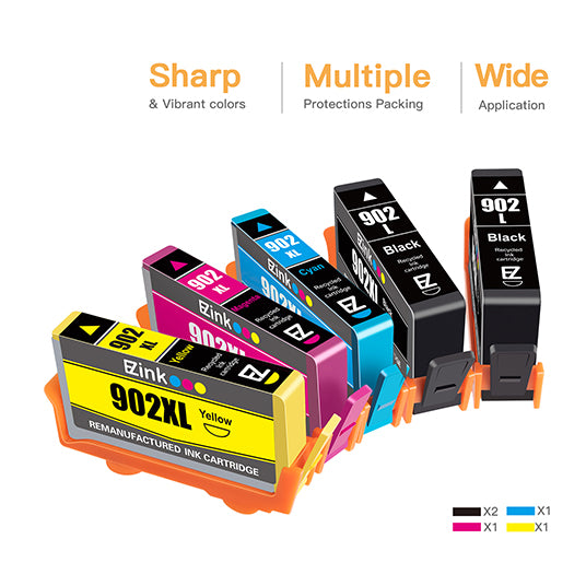Remanufactured Ink Cartridge HP 902 902XL T902 5 Pack E-Z Ink